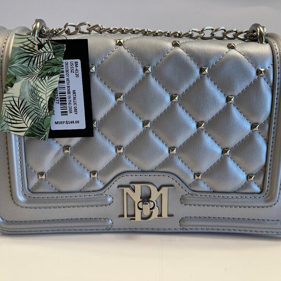 Badgley Mischka - Designer - Quilted Studded Silver Crossbody Bag - NWT - Picture 6 of 10